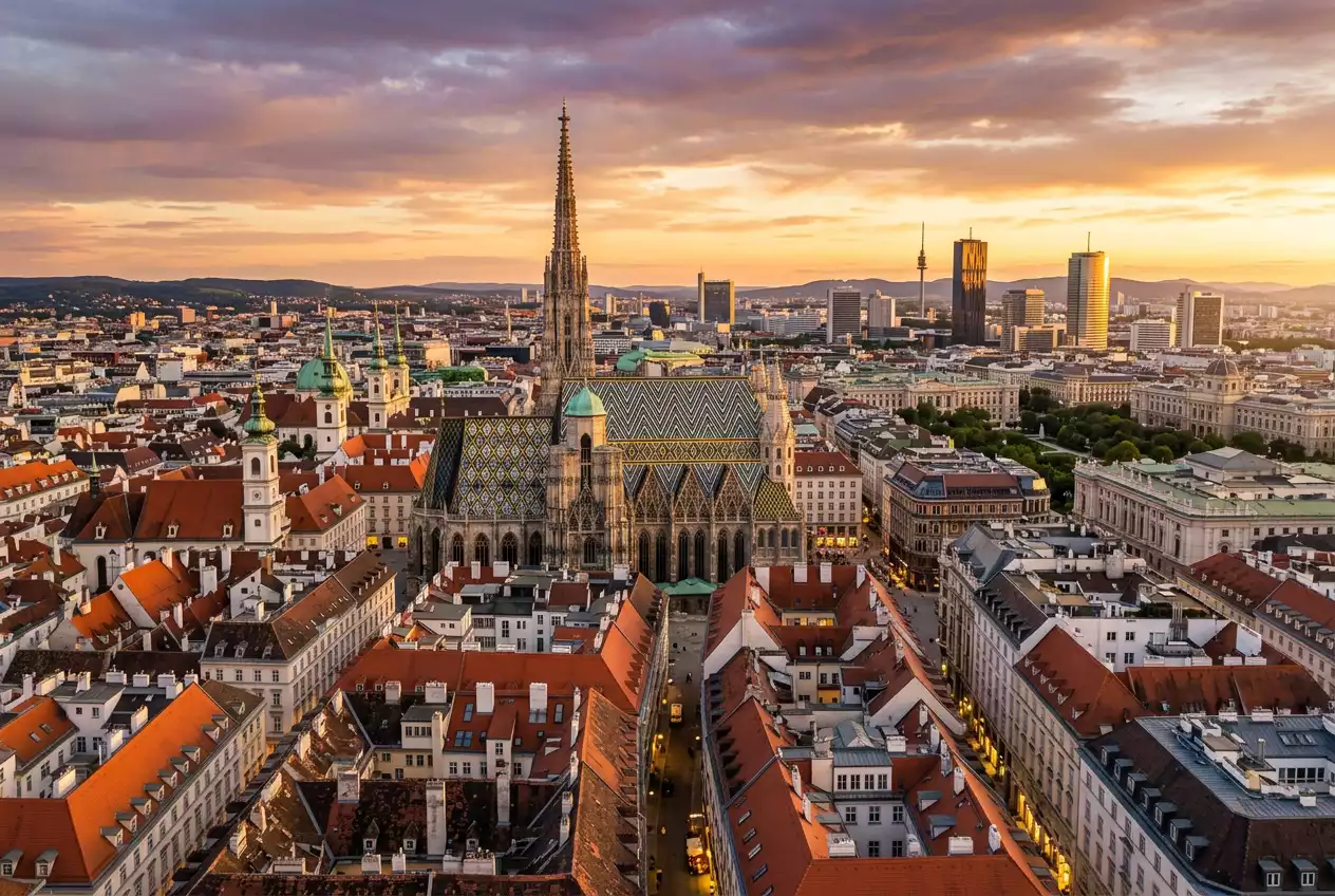 Blick über Wien mit Stephansdom bei Abenddämmerung als Symbol für den österreichischen Sportwetten-Markt