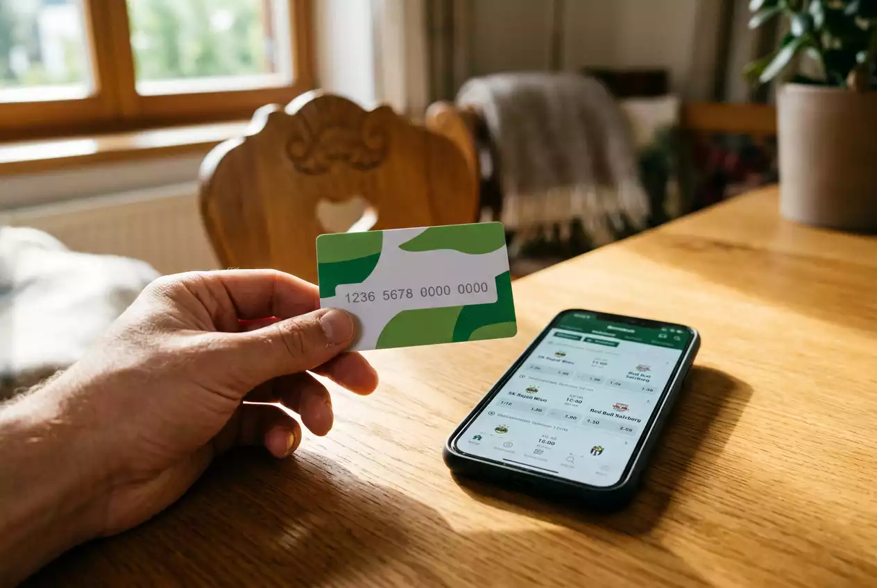 Paysafecard-Voucher neben einem Smartphone mit Sportwetten-App auf einem Schreibtisch in Österreich