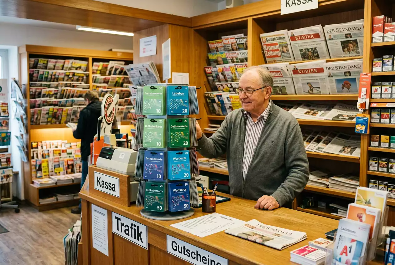 Paysafecard-Verkaufsständer in einer Wiener Trafik mit verschiedenen Guthabenkarten